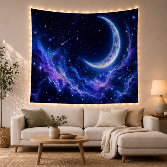 Luminous Crescent Moon Above Purple-and-Blue Nebula, Serene Celestial for Space Lovers, Galaxy Wall Art, Housewarming Gift, Tapestry Wall Hanging for Bedroom and Dorm