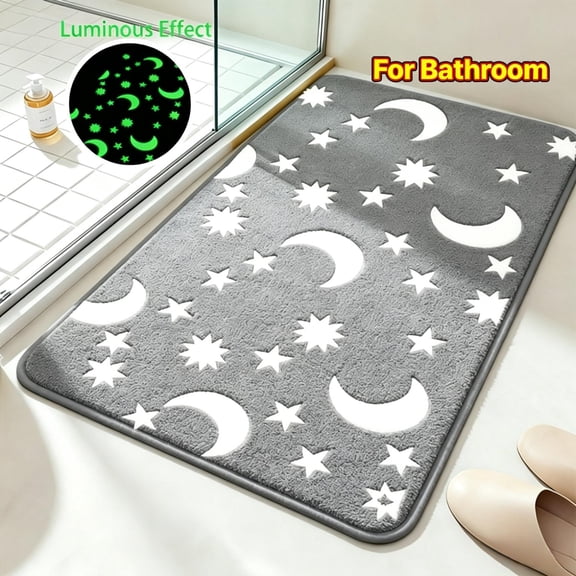 Luminous Crescent Star Jacquard Bath Mat, Light Charging Dark Glow Anti Slip Bottom Repeated Wash Resilient Floor Pad, Multi Room Rug for Bathroom Kitchen Laundry Interior Decoration