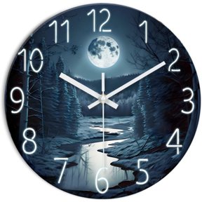 Luminous Digital Moon Forest Scenery Wooden Wall Clock, 12x12 inches, Silent Non Ticking, Battery Powered, Home Wall & Table Decor