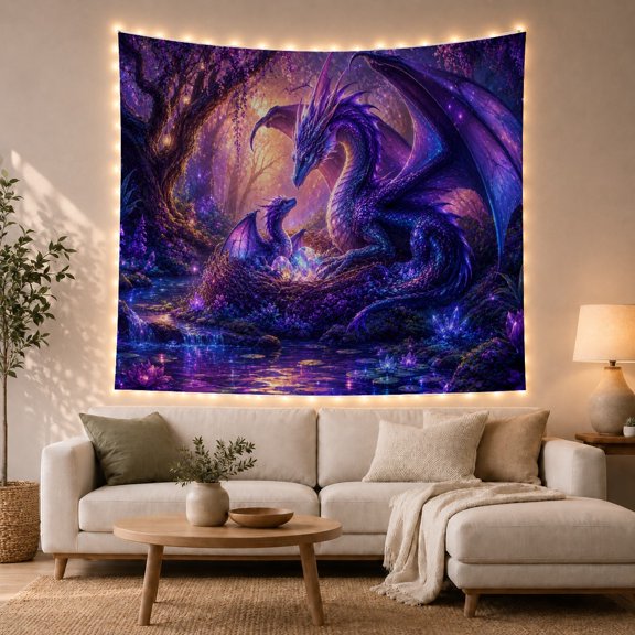 Luminous Dragon and Butterflies Tapestry Wall Hanging