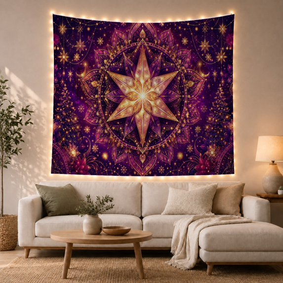 Luminous Eight-Point Star in a Purple Floral Mandala, Serene Celestial for Holiday Fans, Festive Home Decor, Christmas Gift, Tapestry Wall Hanging for Bedroom and Dorm