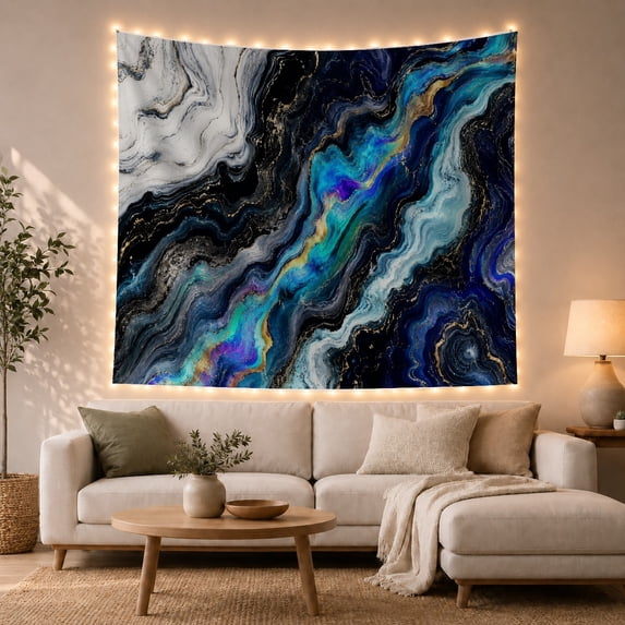 Luminous Fluid Swirls with Gold Veins Against Dark Navy, Mystical Abstract for Art Collectors, Modern Organic Metallic Decor, Housewarming Gift Tapestry Wall Hanging for Living Room and Bedroom