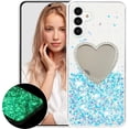 thumbnail image 1 of Luminous Glow in The Dark Case for Samsung Galaxy S24 FE, TPU Soft Bling Glitter Cover with Heart-Shaped Makeup Mirror, Fluorescent Shine Slim Protective Case for Galaxy S24 FE YGJ-Blue, 1 of 8