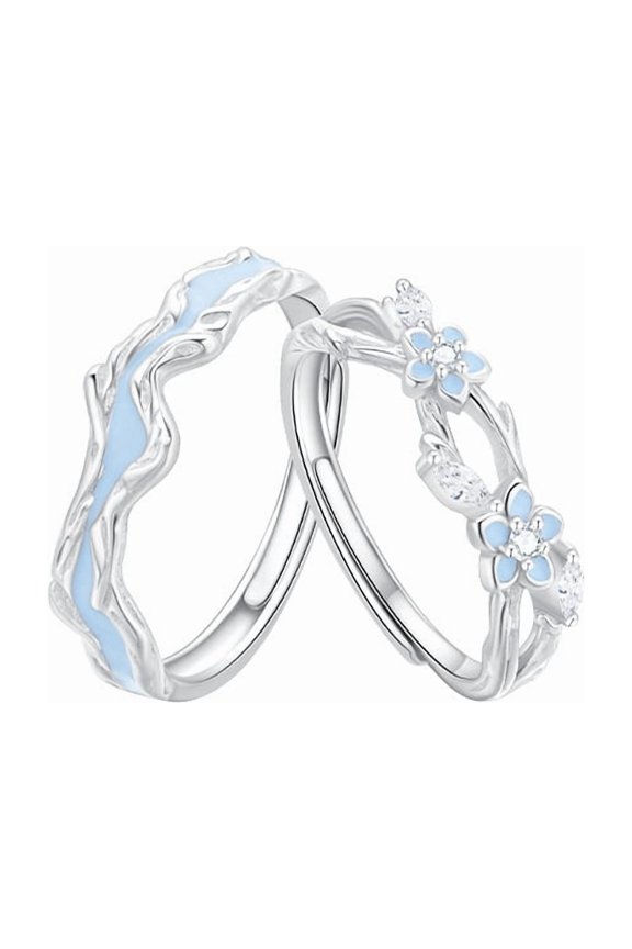 Luminous Glow in the Dark Couple Rings Set, Twisted Branch & Flower Open Adjustable Promise Bands, Cold Enamel Cubic Zirconia Matching Wedding Jewelry