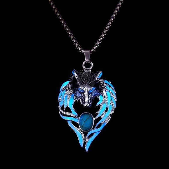 Luminous Glow In The Dark Enamel Wolf Pendant Necklace with Turquoise Beaded Alloy Jewelry Blue 27.56 inch(70cm)