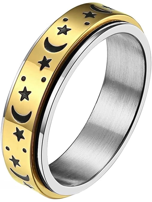 Luminous Glow in Dark Moon and Star Spinner Ring for Women and Men, Stainless Steel Fidget Anxiety Ring, 6mm Width, Sizes 4-12-11-black