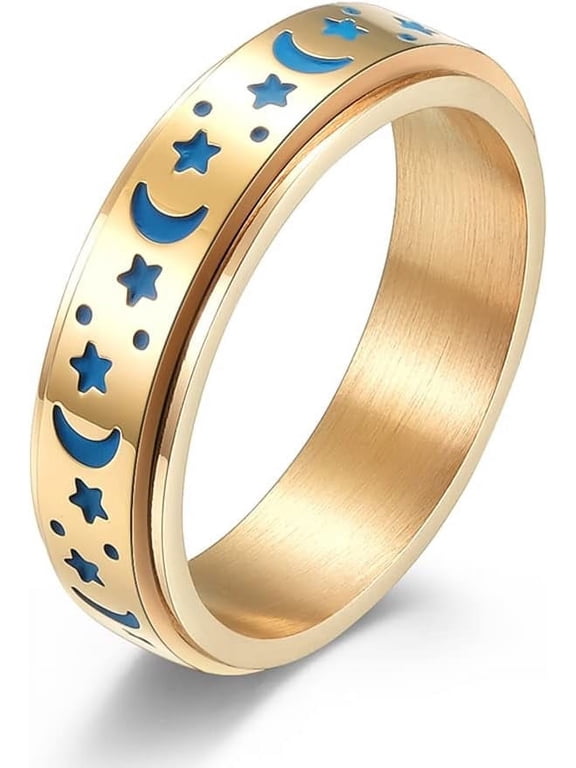 -Luminous Glow in Dark Moon and Star Spinner Ring for Women and Men, Stainless Steel Fidget Anxiety Ring, 6mm Width, Sizes 4-12-12-goldsilver