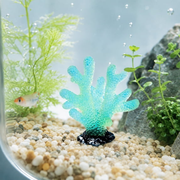 Luminous Green Artificial Coral Resin Aquarium Ornament, Glow in Dark Faux Seascape Fish Tank Landscape Decor, Weighted Base, 1.65x1.46x1.18 In