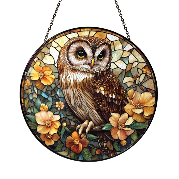 Luminous Jade Tawny Owl and Spring Flowers Garden Suncatcher Decor