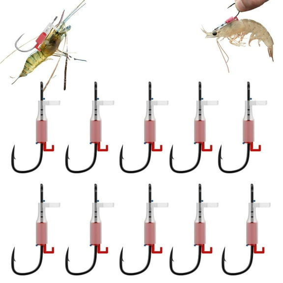 Luminous Live Shrimp Hooks for Saltwater Fishing, Carbon Steel Shrimp Walker Hook with Barbs, Non-Piercing Design for Lively Bait, Ideal for Bass, Carp, and Catfish, Razor-Sharp ,10 Pack,Red