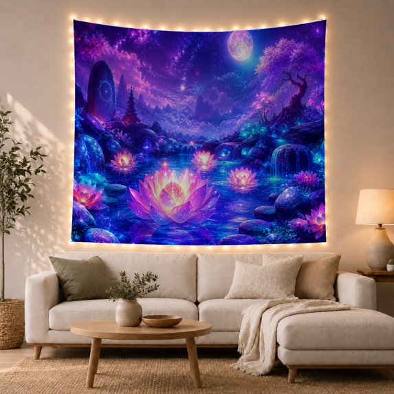 Luminous Lotus Moon Pagoda with Starry Sky, Dreamy Fantasy for Space Lovers, Mystical Celestial Wall Art, Halloween Gift Tapestry Wall Hanging for Bedroom and Living Room