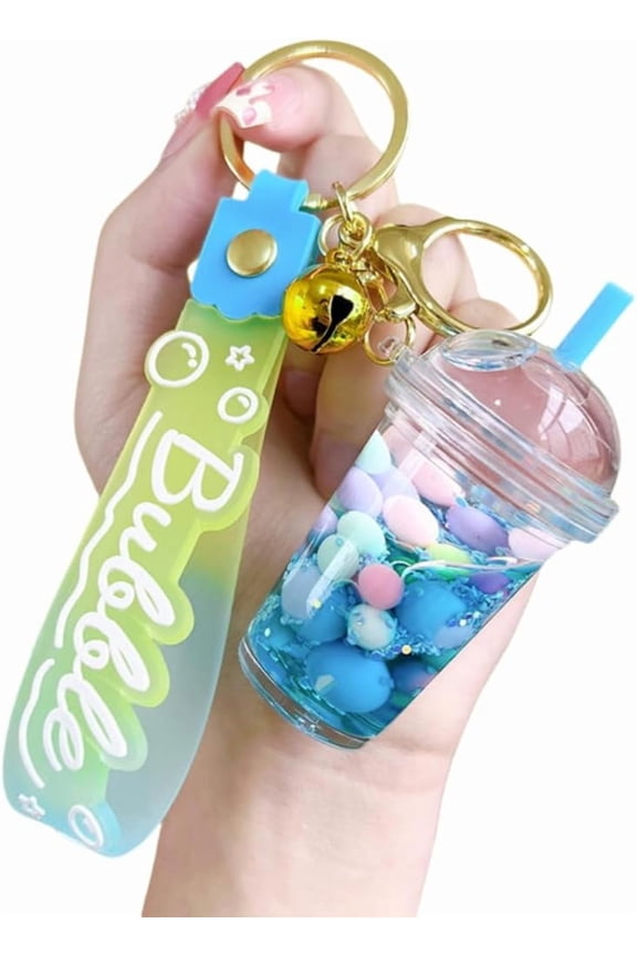 Luminous Lovely Summer Colourful Bean Bubble Tea Keychain Milk Tea Cup Keyring Moving Sand Key Chain Ring Bag Pendant