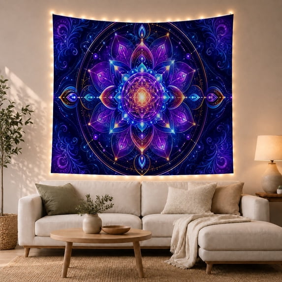 Luminous Mandala Within Gold Flourishes and Star Points, Mystical Boho for Art Lovers, Geometric Wall Art, Housewarming Gift, Tapestry Wall Hanging for Bedroom and Studio
