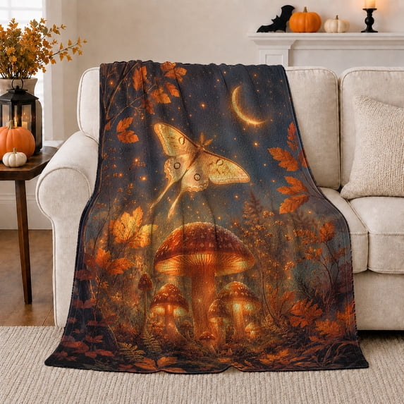 Luminous Moth Glowing Mushroom Fantasy Forest Scene Enchanting, Peaceful Woodland Scene, Warm Flannel Blanket for Cabin and Lodge, Garden Lovers Thanksgiving Gift, Fantasy Home Decor
