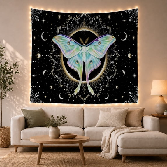 Luminous Moth in a Starry Celestial Night, Mystical Fantasy for Space Lovers, Cosmic Insect Wall Art, Housewarming Gift, Tapestry Wall Hanging for Bedroom and Studio