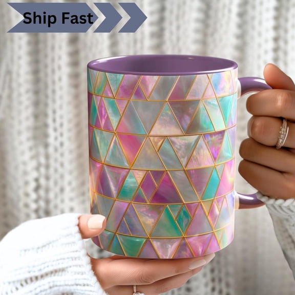 Luminous Mother-of-Pearl PRINT Triangle Mug, Geometric Stained Glass Style Coffee Cup
