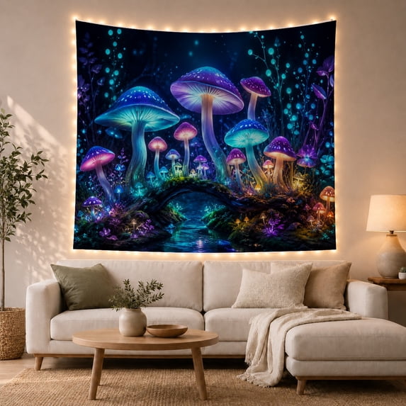 Luminous Mushrooms in a Mossy Stream with Cyan Lights, Mystical Fantasy for Nature Lovers, Glowing Forest Wall Art, Halloween Gift Tapestry Wall Hanging for Bedroom and Living Room