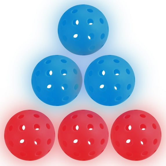 Luminous Pickleball Balls 40 Holes Glow in the Dark Pickleball Balls with Mesh Bag Red,Blue, 6 Pack