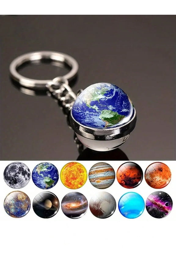 Luminous Planet Keychains Set of 6 Random Styles, Solar System Glass Earth & Alloy Metal Cosmic Keyring for Women - Birthday, Holiday Gift, Space Themed Decor