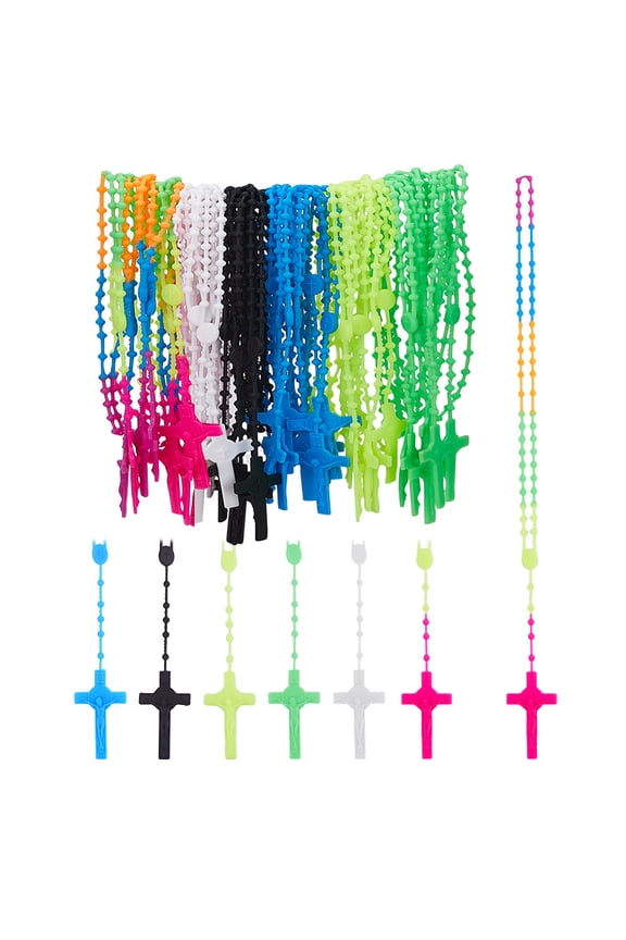 Luminous Plastic Pendant Necklaces with Jesus Pattern Pendant Necklaces Rosary Bead Necklaces Mixed Color 24.80 inch(63cm) 8pcs/color