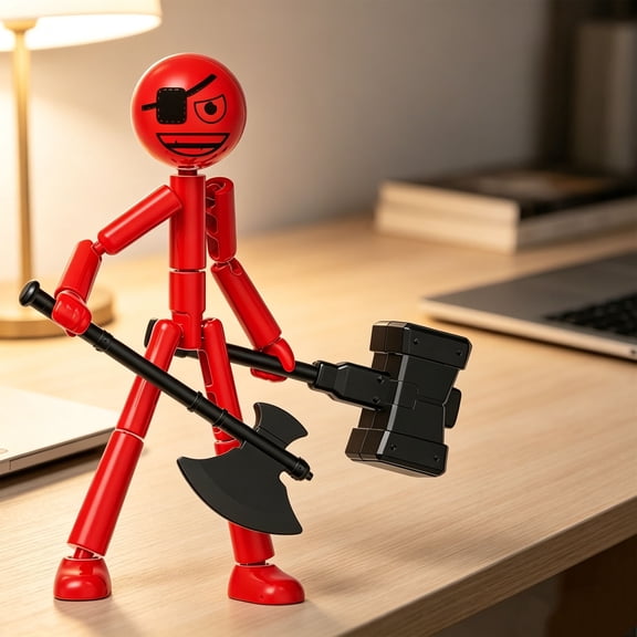 Luminous Posable Stick Man Action Figure Flexible Joint Dummy Doll With Replaceable Weapons Desktop Decor Gift Toy,Red