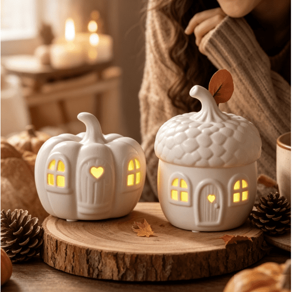 Luminous Pumpkin Acorn House Set – Cozy Halloween LED Tabletop Decor (A)