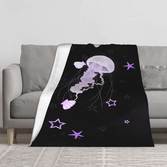 Luminous Purple Jellyfish Flannel Throw Blanket, Transparent Glow Jellyfish Starfish Seashell Star Sparkle Dark Underwater Black Background Print Soft Cozy Lightweight Blanket for Sofa Bedroom