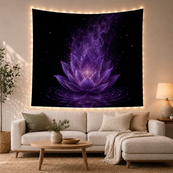 Luminous Purple Lotus in Starry Night Sky Mystical Celestial Art for Meditation Enthusiasts Ethereal Space Decor Housewarming Gift Tapestry Wall Hanging for Bedroom and Living Room
