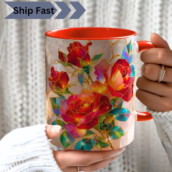 Luminous Red Rose PRINT Mug, Stained Glass Floral Coffee Cup, Mother-of-Pearl Rose Design