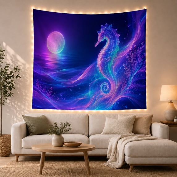 Luminous Seahorse and Moon in a Deep Navy Ocean, Dreamy Fantasy for Ocean Lovers, Mystical Sea Life Art, Housewarming Gift, Tapestry Wall Hanging for Bedroom and Living Room