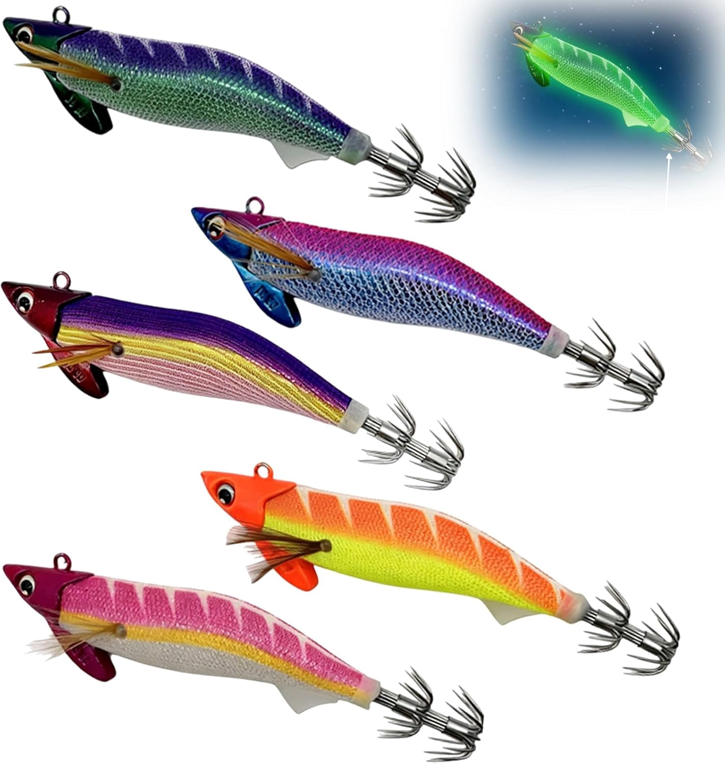 do fish like glow in the dark lures Saltwater Squid Fishing LED Lighted Squid Jig Deep Sea Trolling Lures with 6/0 Hook Halibut Lincod Jig for Tuna Grouper Striper Mackerel Surf Fishing Offshore Blue Luminous Shrimp Lure Set -