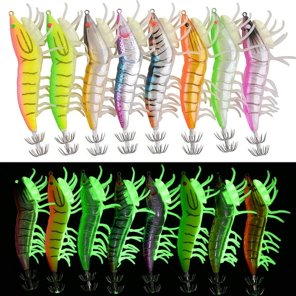 Luminous Shrimps Fishing Jig Hooks Saltwater Lure, 8pcs Plastic Glow Baits Artificial Fishing Lure Set Octopus Cuttlefish