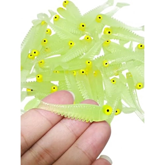 Luminous Soft Plastic Swimbaits, 50-Pack Mini Glow-in-the-Dark Fishing Lures with 3D Eyes, T-Tail Worms for Bass, Trout, Saltwater & Freshwater Fishing, Chartreuse