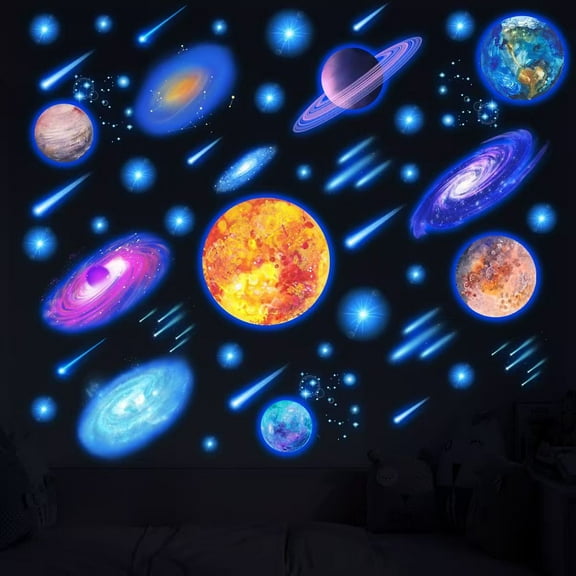Luminous Solar System Wall Stickers, Glow in the Dark Stars, Planets, and Galaxy Decorations for Kids Room, Bedroom, Self-Adhesive, Non-Toxic, Long-Lasting Glow Wall Decals