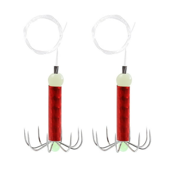 Luminous Squid Fishing Hooks Set - 2 Pack Stainless Steel 8-Hook Rig for Night Sea Fishing (Red & Silver)