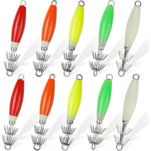 Luminous Squid Jig Hooks Kit,10pcs Glow Squid Jigs Saltwater Fluorescent Fishing Cuttlefish Sleeve Squid Jig Baits Night Lures with Tackle Box