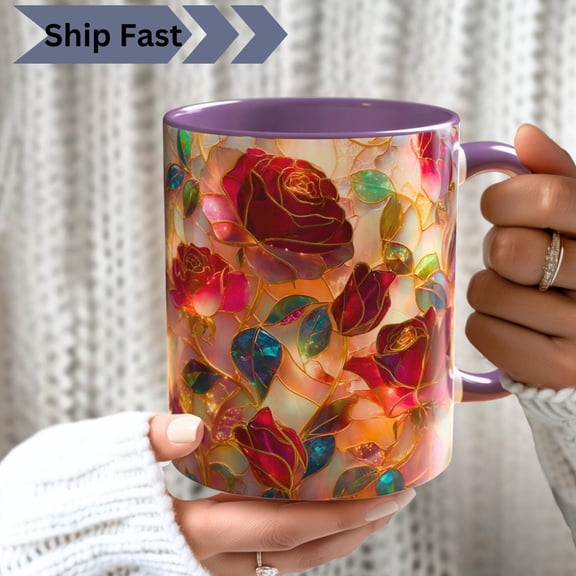 Luminous Stained Glass Red Rose Mug, Elegant Floral Coffee Cup, Luxury Rose Art Mug, Romantic Gift for Her