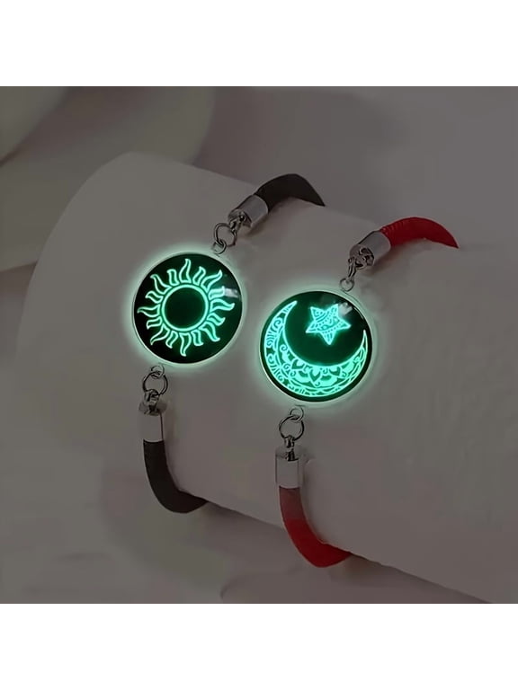 Luminous Stainless Steel 2-piece/set Fashion Couple Sun, Moon, And Star Boyfriend And Girlfriend Gift Box - Sweat Resistant And Non Fading - Good Friend Combination Luminous Bracelet Set,Black