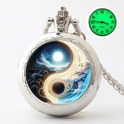 Luminous Tai Chi Bagua Pocket Watch Flip Cover Quartz Timepiece with Glow Dial Chinese Style Yin Yang Pendant Watch