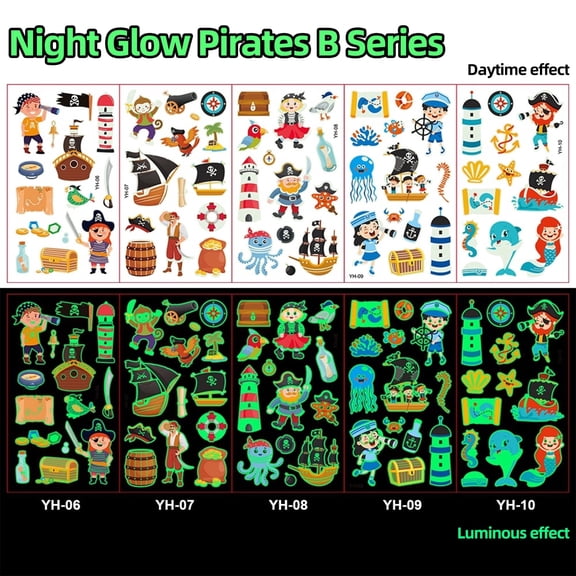 MAXKY Luminous Temporary Tattoo Sticker Set for Kids, Pirates Theme, Waterproof, 5 Sheets