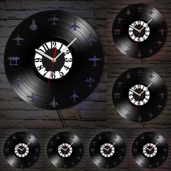 Luminous Vintage Aircraft Silhouette Vinyl Record Wall Clock Dimmable LED Airplane Aviation Home Decor For Cockpit Office Aviators Aircraft Lovers