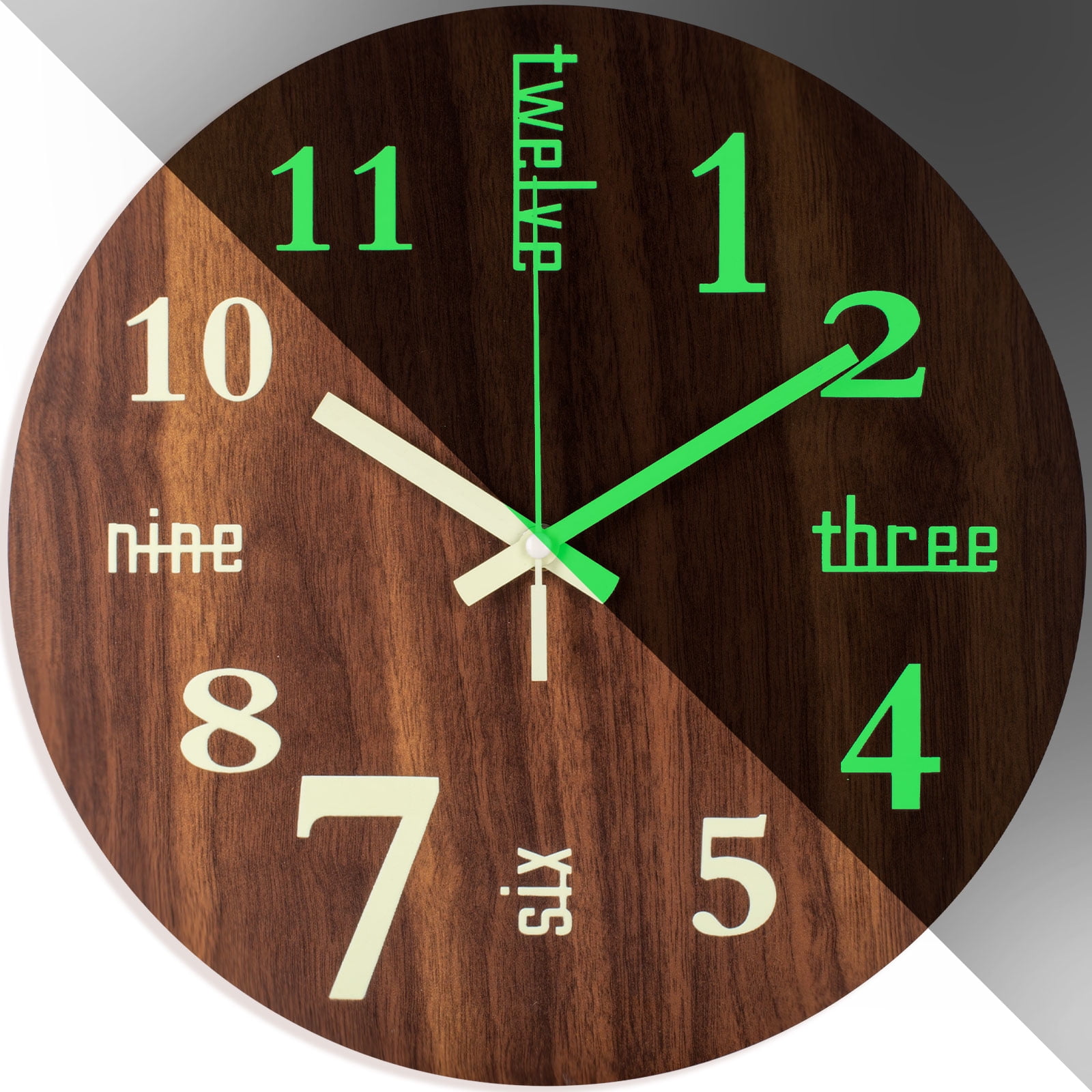 Luminous Wall Clock, 12 Inch Small Retro Glow in The Dark Wooden Wall