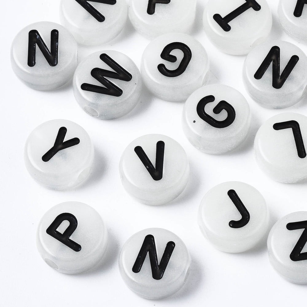 Luminous White Smoke Acrylic Beads Glow in the Dark Horizontal Hole Flat Round with Mixed Letter Black 10x4.5mm Hole: 2mm about 1600pcs/500g