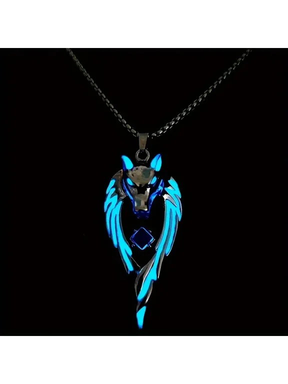 Luminous Wolf Head Necklace for Men, Glow in Dark Norse Viking Wolf Pendant Necklace, Stainless Steel Gothic Wolf Amulet Necklace with Blue Glowing Effect, Cool Wolf Jewelry Gift