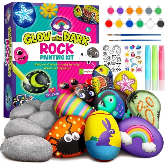 Piano Potato Rock Painitng Kit,Glow in the Dark Rock Painting Kit for Kids, 10 Smooth Rocks + 12 Paints (Glow/Metallic), Arts & Crafts Gift for Boys & Girls Ages 6-12