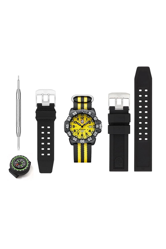Men's Carbonox Yellow Dial Strap Wristwatch, Black and Yellow, 44mm