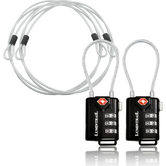 Lumintrail TSA Approved Lock for Luggage or Suitcase, Easy-to-Read 3 Digit Personalized Combination, Metal Travel Suitcase Luggage Lock, Black, with a 4-FT Braided Steel Cable (2 Pack)
