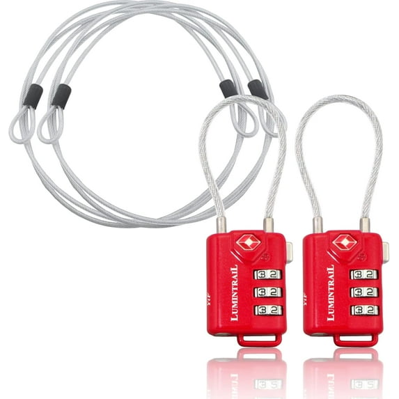 Lumintrail TSA Approved Lock for Luggage or Suitcase, Easy-to-Read 3 Digit Personalized Combination, Metal Travel Suitcase Luggage Lock, Red, with a 4-FT Braided Steel Cable (2 Pack)