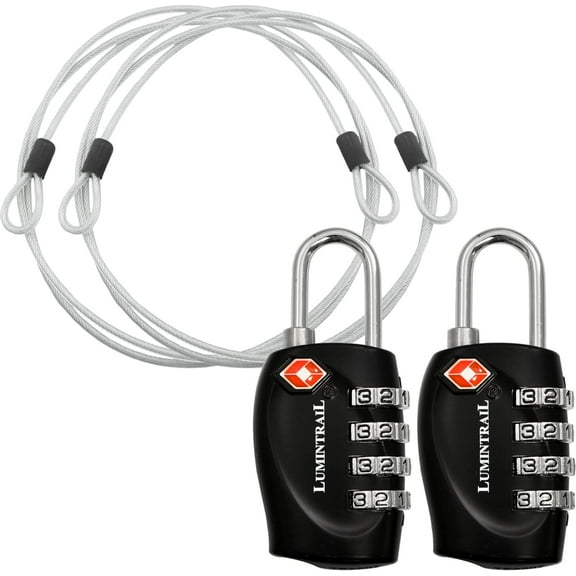 Lumintrail TSA Approved Locks, 4 Digit Combination Luggage Locks TSA Approved, Travel Locks for Luggage & Suitcase with 4-FT Steel Cable, Black, 2 Pack