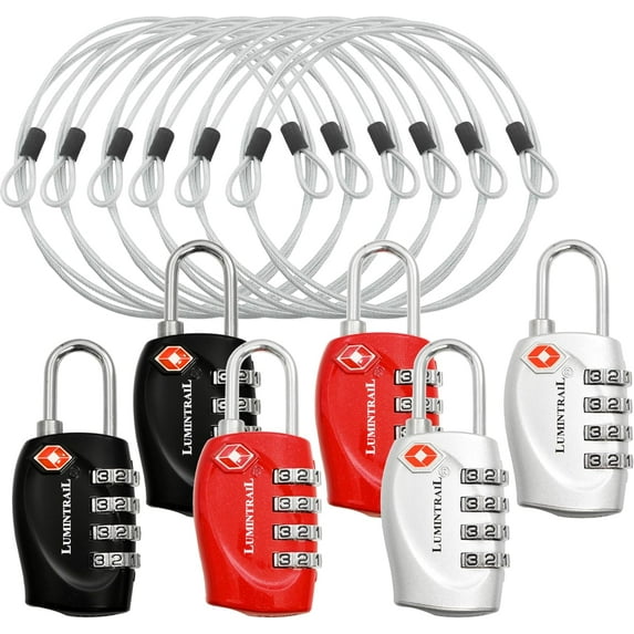 Lumintrail TSA Approved Locks, 4 Digit Combination Luggage Locks TSA Approved, Travel Locks for Luggage & Suitcase with 4-FT Steel Cable, Black, Red, & Silver, 6 Pack